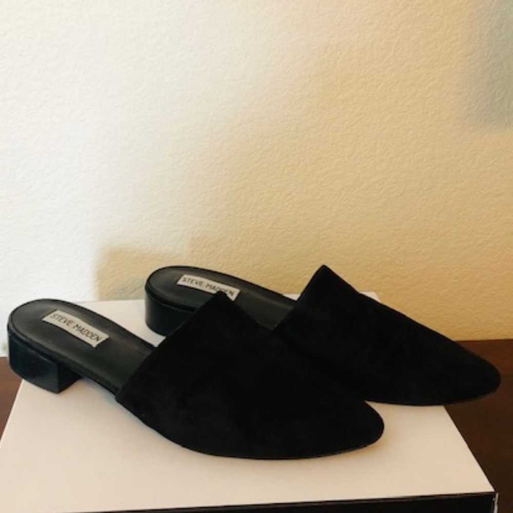 "STEVE MADDEN LYRA BLACK SUEDE MULES"
